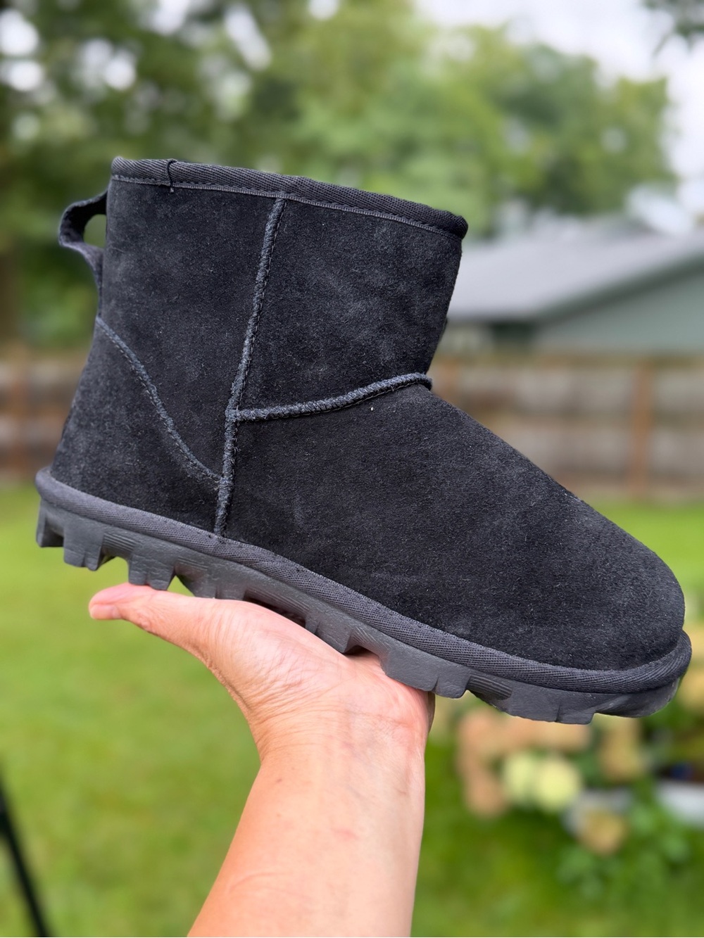 UGG Essential Mini Black Suede Ankle Boots Womens Size 6 Lug Sole Shearling